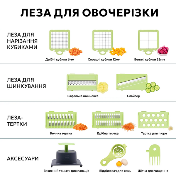 Овочерізка-мультислайсер 9в1 для овочів і фруктів, з контейнером і змінними насадками 219 фото